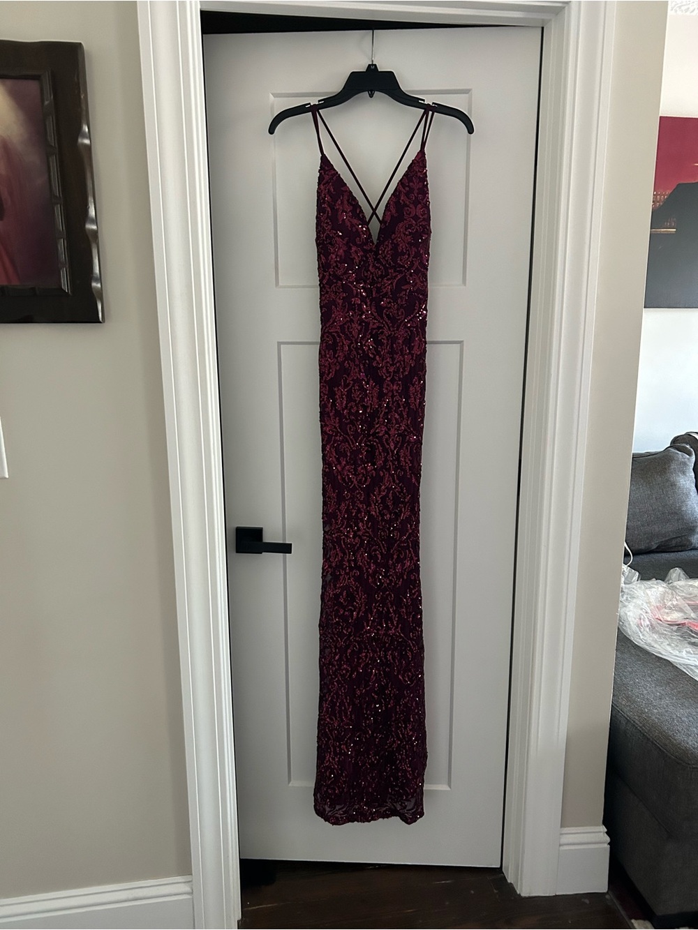 Windsor Burgundy Sequin V-Neck Strappy Prom Gown